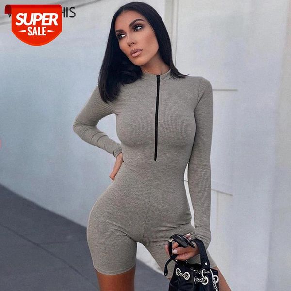 

wannathis front zipper v-neck casual skinny romper women elastics hight playsuit long sleeve solid color streetwear bodysuit new #va48, White