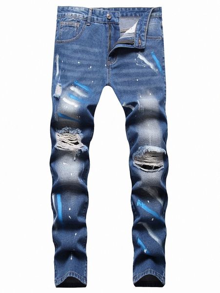 

romwe guys graphic print ripped jeans o2q3#, Blue
