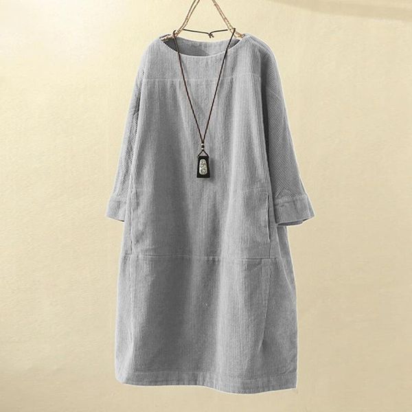 

women's swimwear 2021 summer casual dress women vintage pockets corduroy solid color long sleeve loose sundress vestidos, White;black