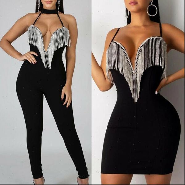 

fashion v neck womens jumpsuit halter strappy bodycon short mini party jumper romper tassels jumpsuits woman clubwear, Black;white