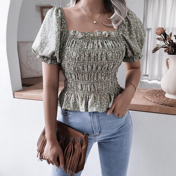 

women's blouses & shirts chiffon harajuku shirt women short sleeve square neck lantern ruffle flower print summer slim blouse blusa muj, White