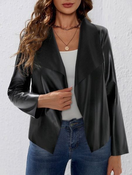 

emery rose waterfall collar pu leather jacket u1qa#, Black;brown