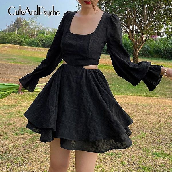 

casual dresses fashion gothic solid black hollow out puff sleeve women's mini dress party elegant academia a-line outfits cuteandpsycho, Black;gray