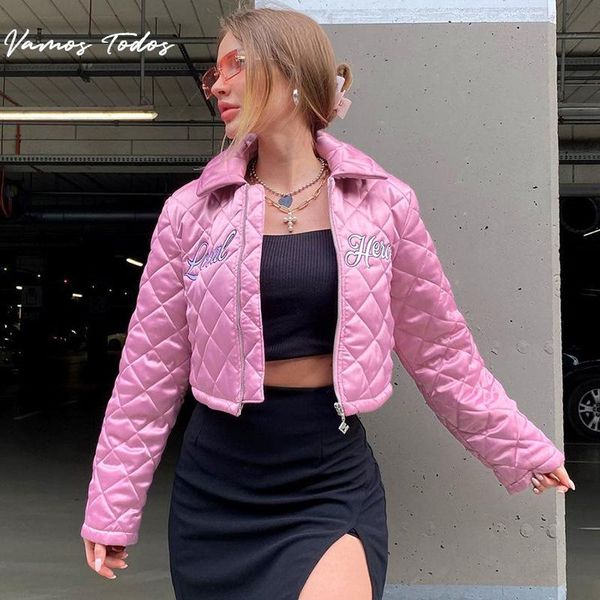 

women's jackets pink embroidery womens jacket for autumn turn-down collar zipper silim down coat warm letter casual outerwear vamos tod, Black;brown