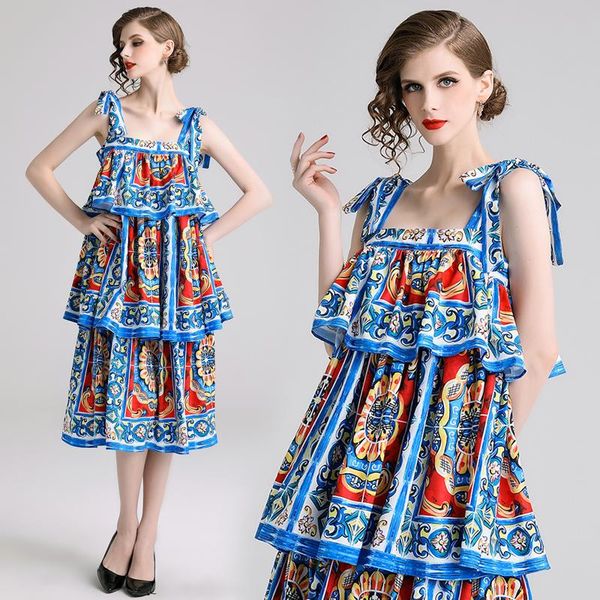 

casual dresses fashion runway summer dress 2021 spaghetti straps slash neck sundress women blue and white porcelain layers ruffles robe, Black;gray