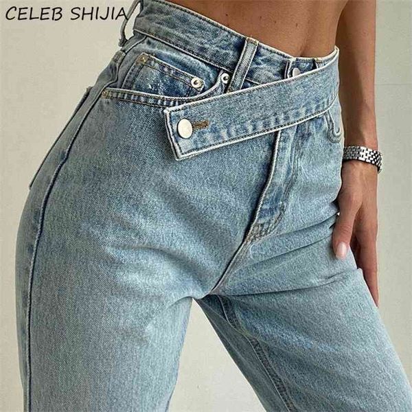 Jeans vintage a vita alta in denim Cintura inclinata donna Pantaloni a gamba dritta azzurri Donna Streetwear Chic Y2k per mamma 210809