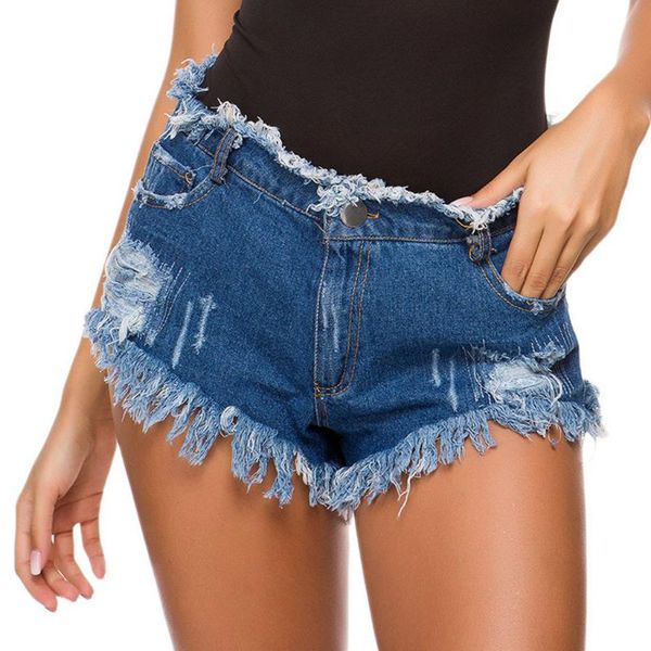 

women's jeans casual high waist denim shorts cowboy waists tassel hole fur-lined leg-openings plus size short, Blue