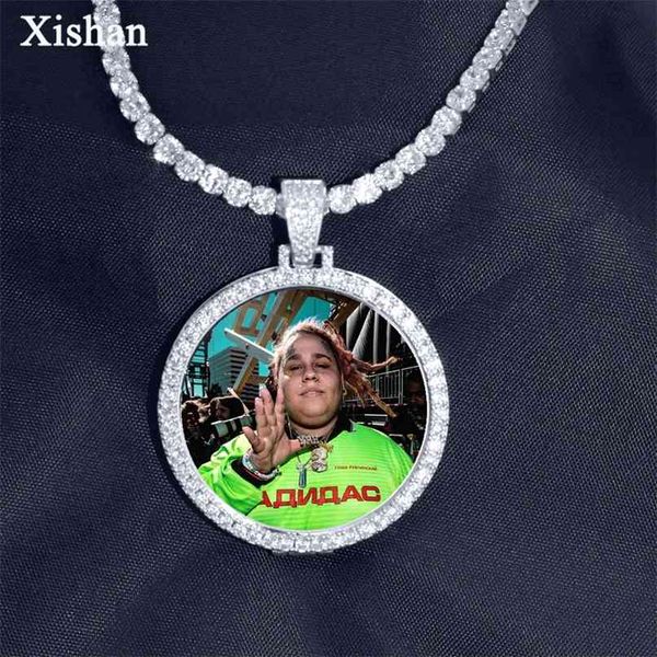 Personalizado Made PO Medalhões Pingente Colar 4mm Corrente de Tênis Ouro Cor De Prata Gelado Out Cubic Zircon Homens Hip Hop Jóias Presente 210721