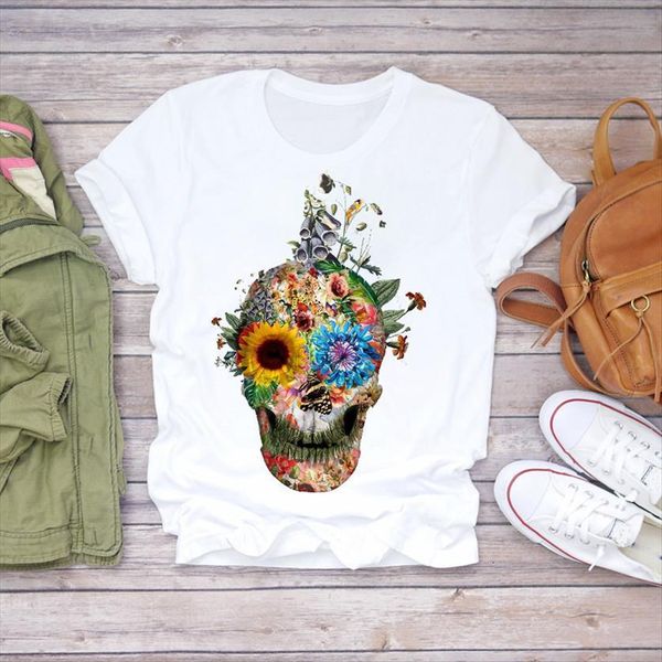 

skull floral funny printing fashion women print ladies graphic female tee, White