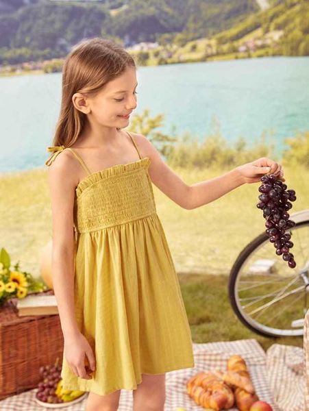 

girls tie shoulder frill trim shirred cami dress she, Red;yellow