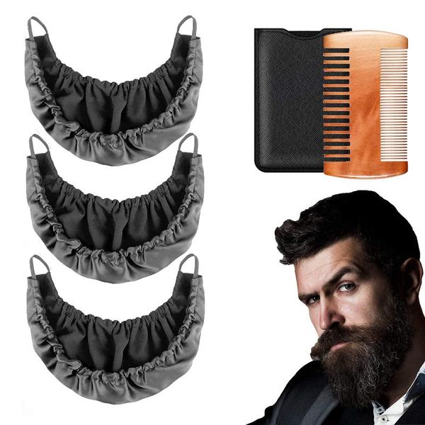 

hair brushes 4pcs beard covers & comb for men, bandana bib double layer facial apron caps guard bonnet rag cover, Silver