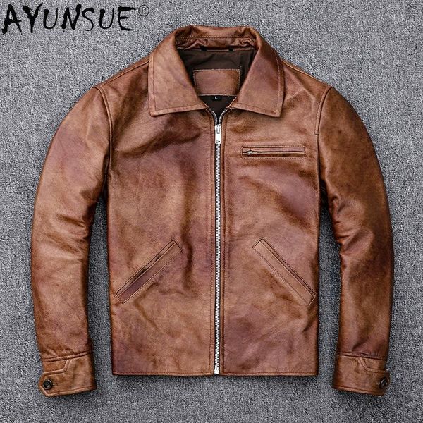 

men's leather & faux akoosun genuine jacket men clothes 2021 brown vintage motorcycle cow coat slim spring autumn veste cuir homme, Black