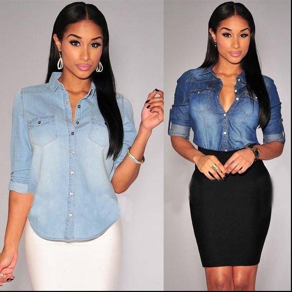 

autuumn women casual jean soft denim long sleeve shirt blouse ladies drop shipping good quality, White