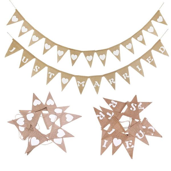 

party decoration 1pc just married burlap banner vintage jute bunting pennant for wedding backdrop bachelorette hen night decor