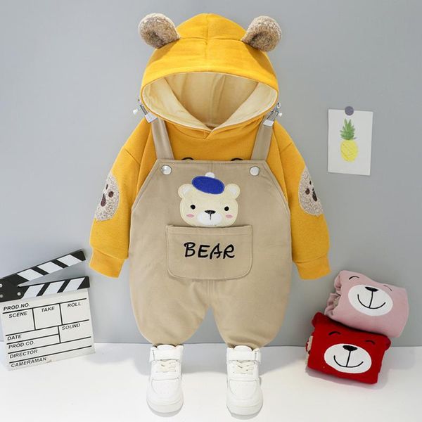 

clothing sets autumn and winter boys girls plus velvet sports shirt with hooded bear embroidery suspenders trousers two-piece suit, White