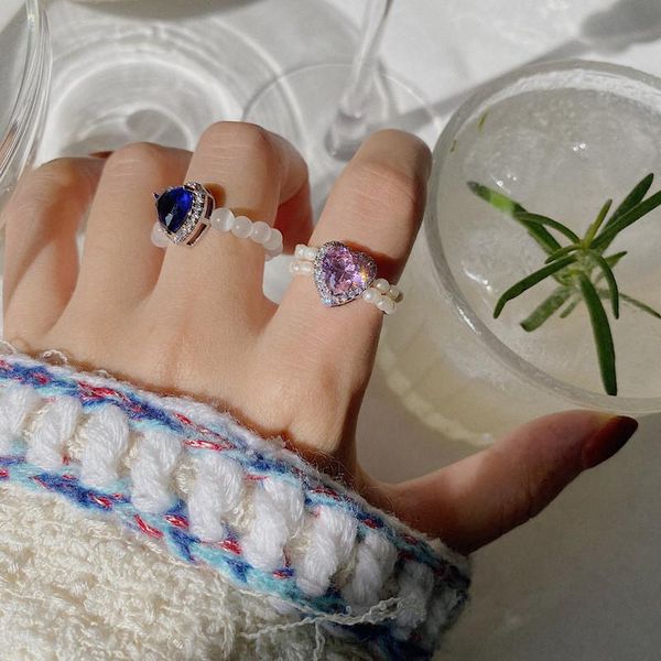 

wedding rings 2021 natural freshwater pearl ring handmade beaded heart rhinestone aesthetic accessory women jewelry, Slivery;golden