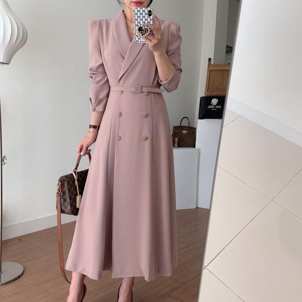 

women's trench coats jsxdhk office ladies chic turn down collar elegant autumn women double-breasted pink long windbreaker with belt, Tan;black