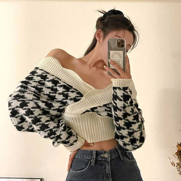 

women casual high fashion off shoulder plaid sweater pullover crop cropped pull femme basic knitwear 210529, White
