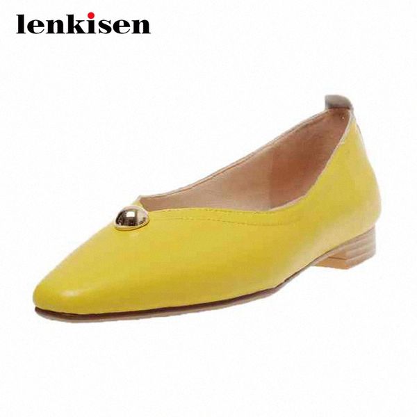 

lenkisen new leisure full grain leather metal decorations large size small square toe low square heels slip on women pumps l8f2 s4j1#, Black