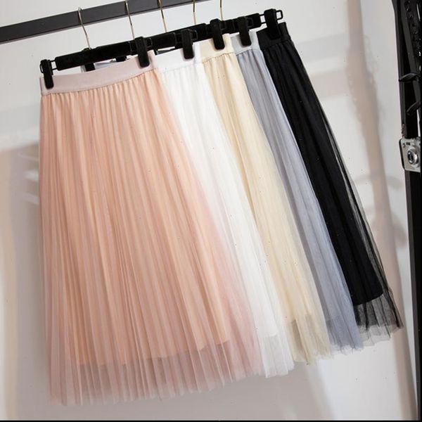 

womens tulle plain pleated skirt 2021 new fashion black beige white grey mesh midi skirt high waist woman skirts 3 layers