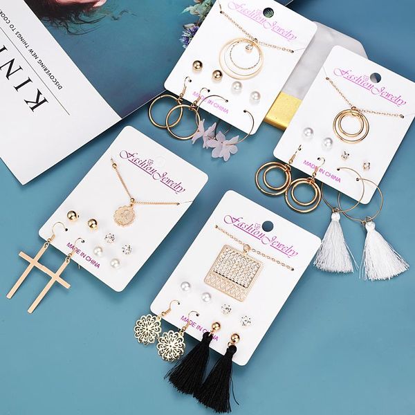 

wedding jewelry sets hesiod mix style geometric tassel pearl flower earring necklace set for women spring summer, Slivery;golden