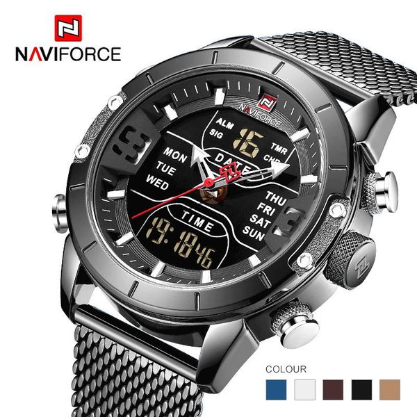 

wristwatches naviforce stainless steel sports men's watches analog digital men waterproof watch sport 9153, Slivery;brown
