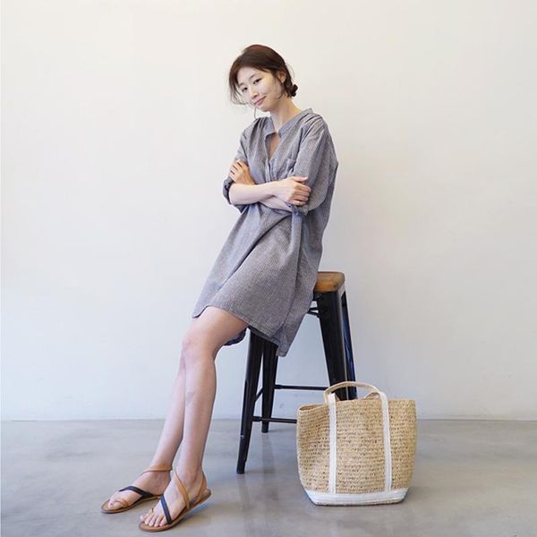 

casual dresses coigarsam three quarter sleeve women dress striped loose stand neck blue gray 83963, Black;gray