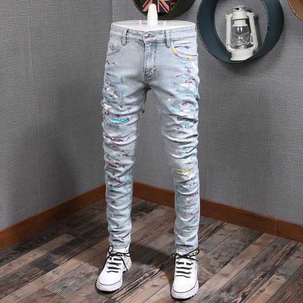 

men's jeans 2021 american streetwear fashion men painted designer ripped denim pants retro light blue hip hop trousers