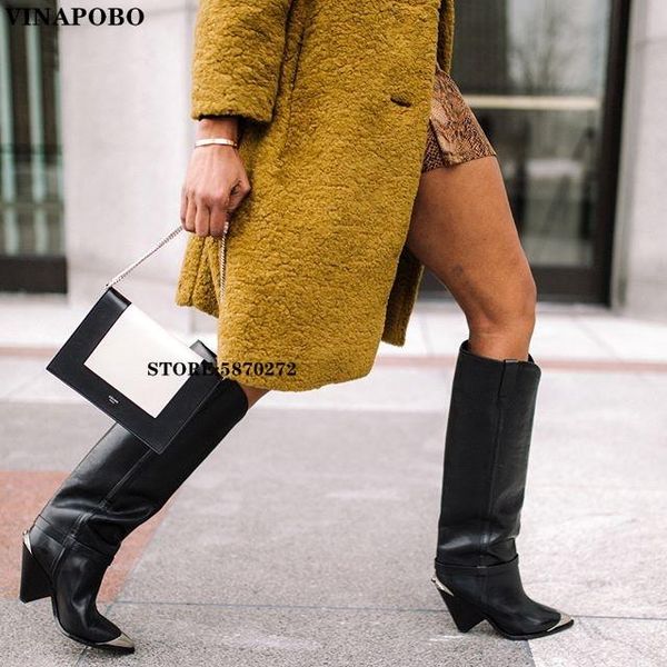 

boots arrivals women motorcyle fashion metal pointed toe knee high autumn winter warm genuine leather heels, Black