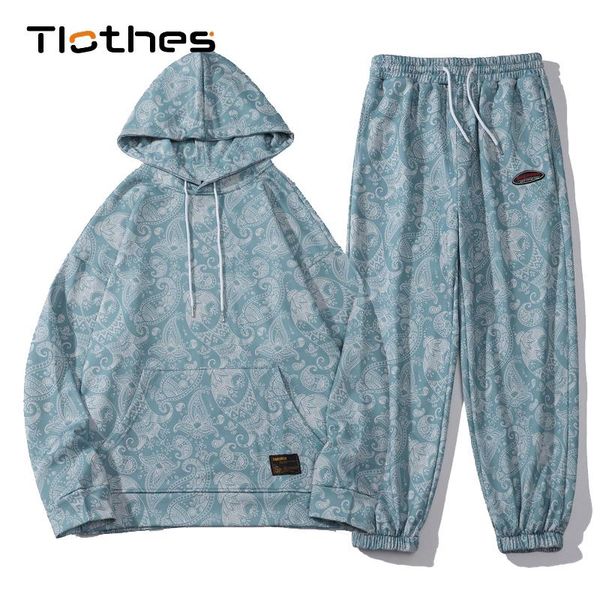 

men's tracksuits fashion paisley hooded hoodie sweat pants set men streetwear hip-hop kangaroo pocket hoodies mens loose sweatshirt ove, Gray