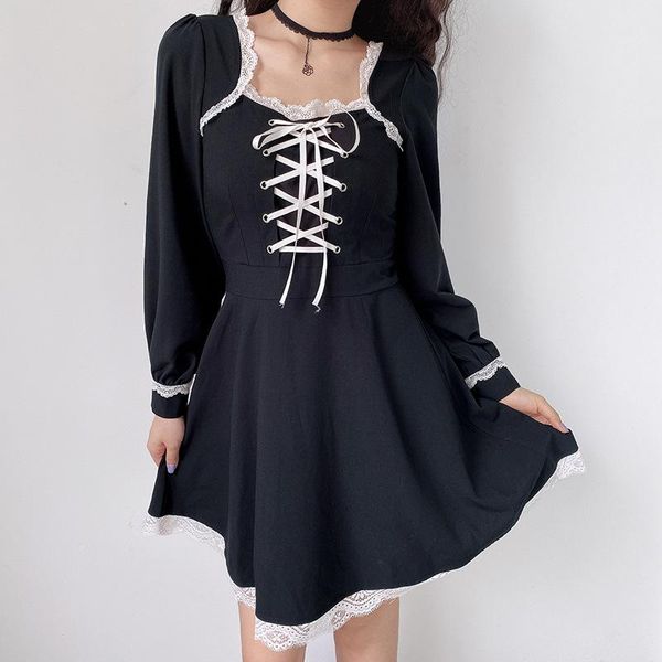 

casual dresses ruffle bandage long sleeve zipper female dark vintage gothic dress for women fall and winter aesthetic punk chic, Black;gray