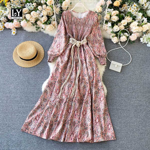 

ly varey lin autumn vintage print dresses women bohemian style long puff sleeve o neck lace up back zippers pink dress 210526, Black;gray