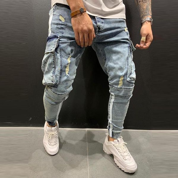 

men's jeans autumn slim vintage cargo pants solid fashion patch pocket design male 2021 winter casual denim trouser for men streetwear, Blue