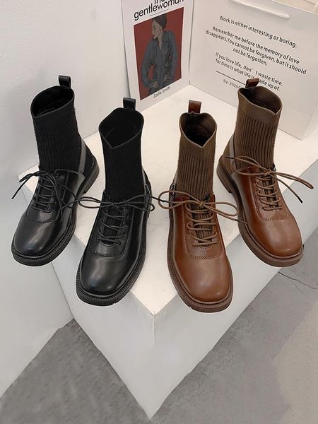 

boots short women 2021 winter fashion square toe thick heel retro elastic socks, Black