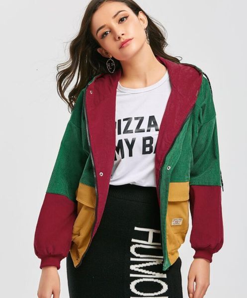 

women designer winter bomber jackets corduroy material colors patch contrast hooded jacket coats, Black;brown