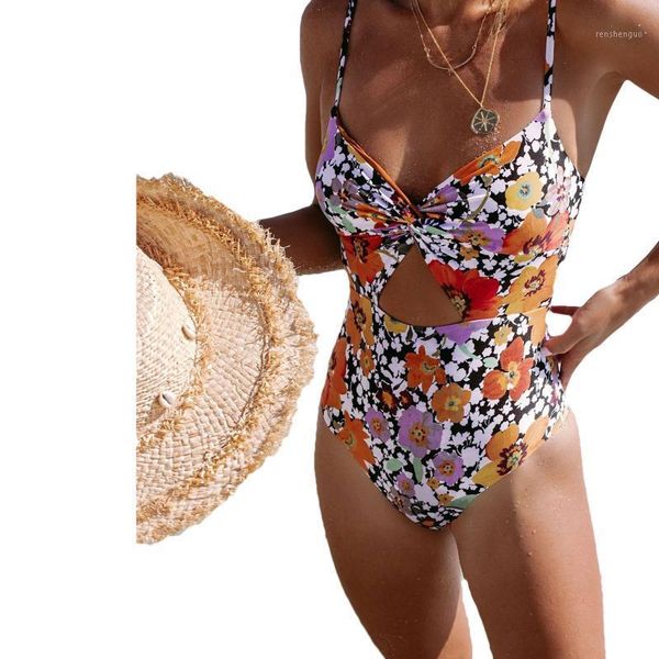 

floral print beach swimsuit women swimming bodysuit hollow adjustable shoulder strap summer clothing women's swimwear, White;black