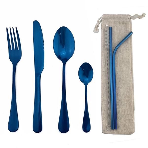 

shiny blue stainless steel cutlery set dinnerware dinner set sharp steak knives forks scoops blue utensils tableware 1 pcs