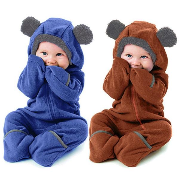 

jumpsuits baby rompers winter jumpsuit for kids clothes borns girl boys bear ears fleece footed hooded romper pyjamas, Blue