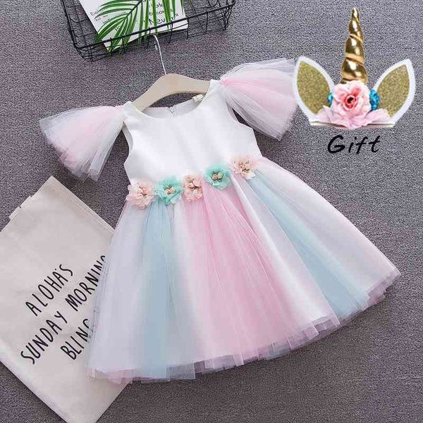 Commercio all'ingrosso unicorno bambina fiore abito in pizzo bambini colori arcobaleno tulle con fascia unicorno bel sole per bambini 210529