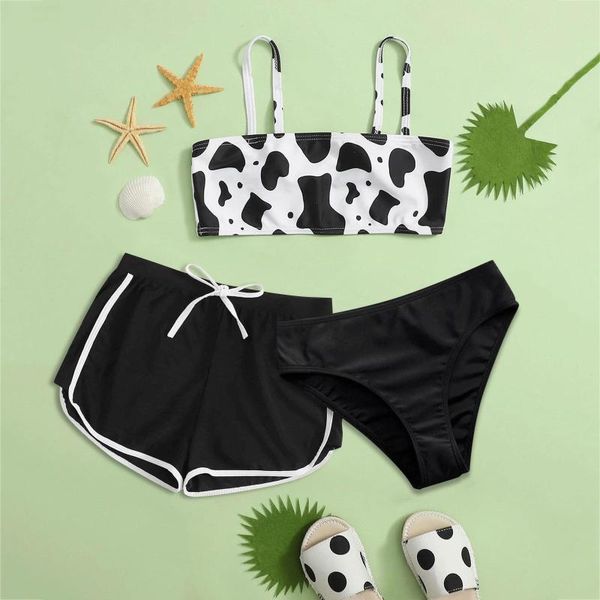

one-pieces 3pcs girls swimwear clothes cute crisscross back cow floral printed beach swimming swimsuit kids baby outfits summer, Black