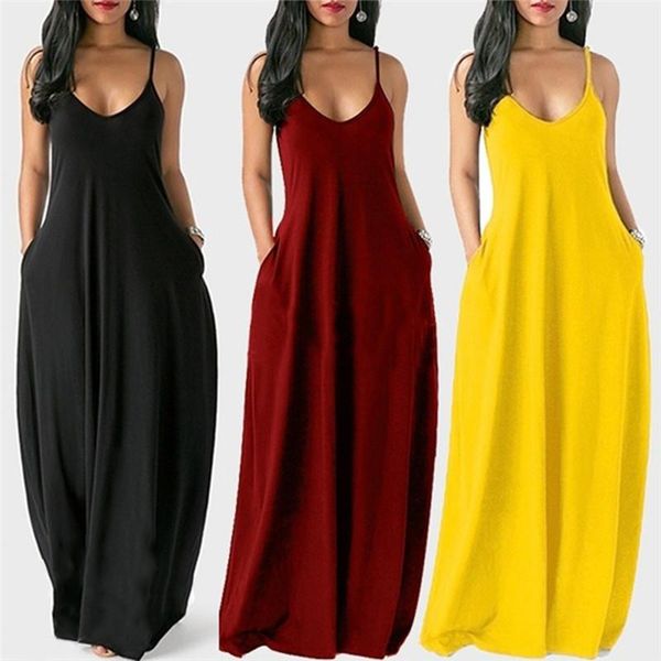

women's summer long dress loose spaghetti straps sleeveless pockets solid color maxi dress casual plus size beach dresses, Black;gray