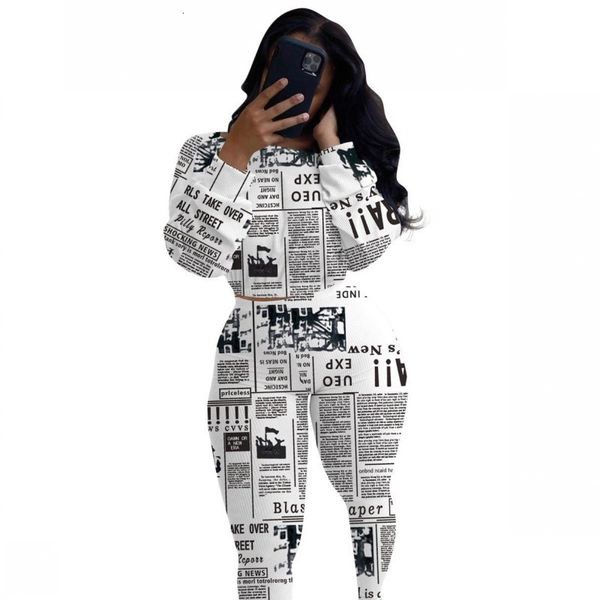 

slash neck t shirt and skinny pants two garments for the women fall fashion newspaper printing match room q20m, Gray