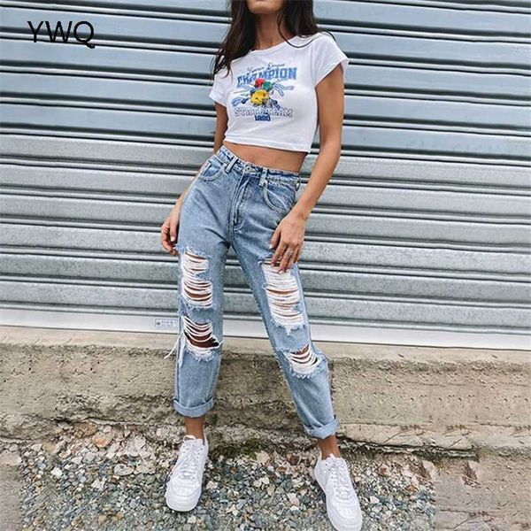 

streetwear women baggy jeans ripped for high waist cargo pants fashion vintage hole mom denim trousers 210927, Blue