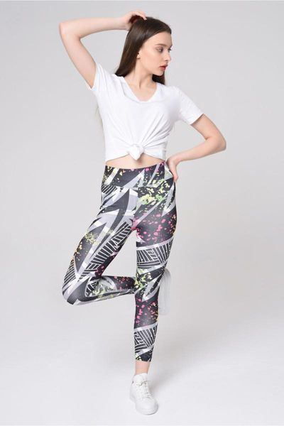 

women's leggings patterned self-belted high waist compression 8678, Black