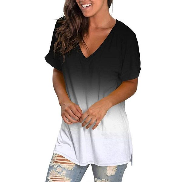 

women's t-shirt 2021 summer simple print gradient color v-neck comfortable short sleeves loose top, White
