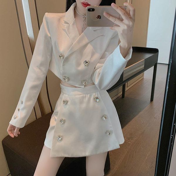 

lapel short jacket love button two-piece suit ladies autumn new style + high waist double breasted culottes fashion suit, White