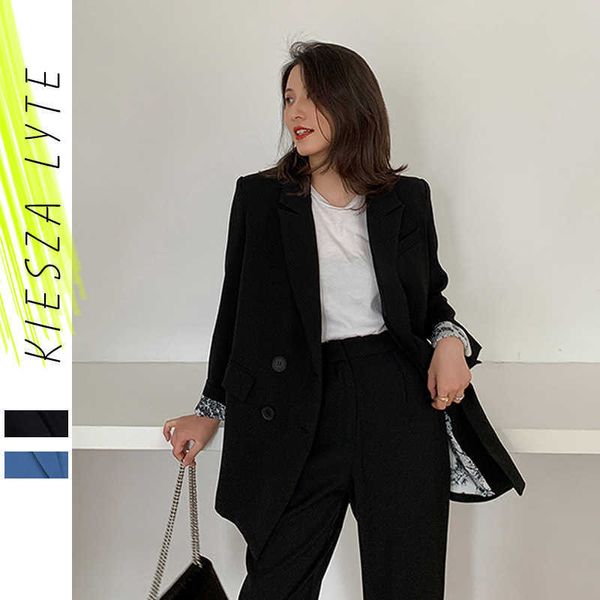 Kadın Blazer Ceket Sonbahar Kış Rahat Siyah Mavi Kruvaze Patchwork Baskılı Dekoratif Bayanlar Suit Coat 210608