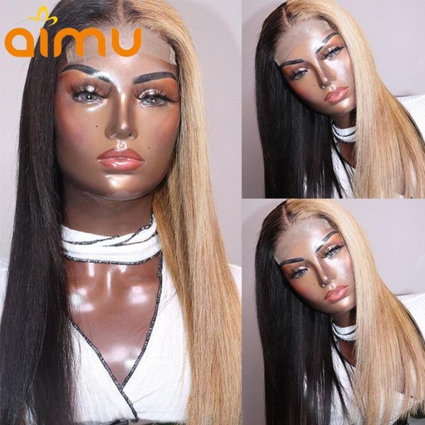 

lace wigs ombre honey blonde highlight human hair frontal wig 250 density hd straight 13x6 front for black women pre plucked, Black;brown