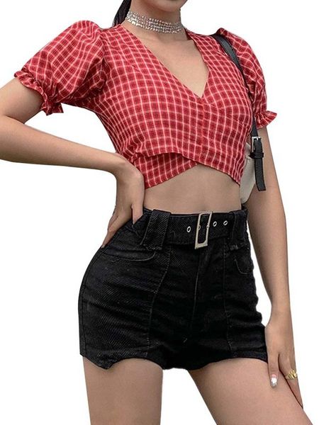 

new women tie up crop tuesday mouw tee v-neck wrap basic fashion short t-shirt breathing comfortable casual, White