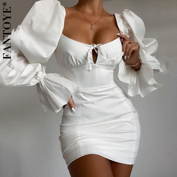 

2021 flare long sleeve square collar women summer elegant bandage bodycon mini es streetwear slim vestido new osfz, Black;gray